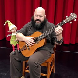 A bald, stout man with a black beard and some gray strands, sitting in a wooden chair, playing a 12-string bandurria