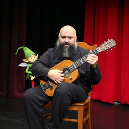 A bald, stout man with a black beard and some gray strands, sitting in a wooden chair, playing a 12-string bandurria