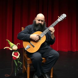 A bald, stout man with a black beard and some gray strands, sitting in a wooden chair, playing a 12-string bandurria