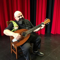 A bald, stout man with a black beard and some gray strands, sitting in a wooden chair, playing a 12-string bandurria