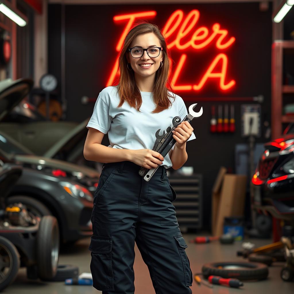 Lola, a 30-year-old mechanic, wearing black cargo pants and a short-sleeve white t-shirt