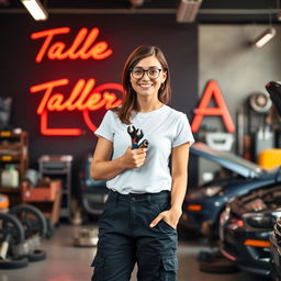 Lola, a 30-year-old mechanic, wearing black cargo pants and a short-sleeve white t-shirt