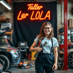 Lola, a 30-year-old mechanic, wearing black cargo pants and a short-sleeve white t-shirt