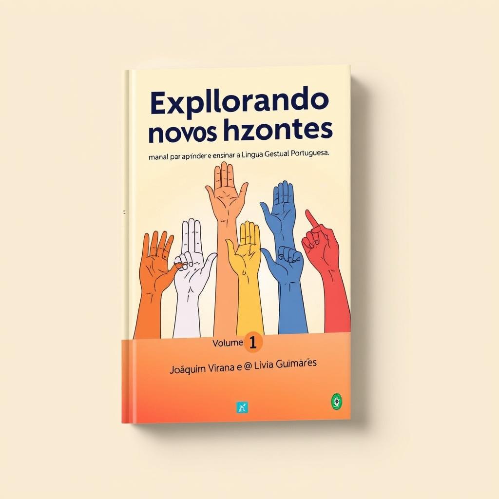 A captivating book cover design for "Explorando novos horizontes: manual para aprender e ensinar a Língua Gestual Portuguesa