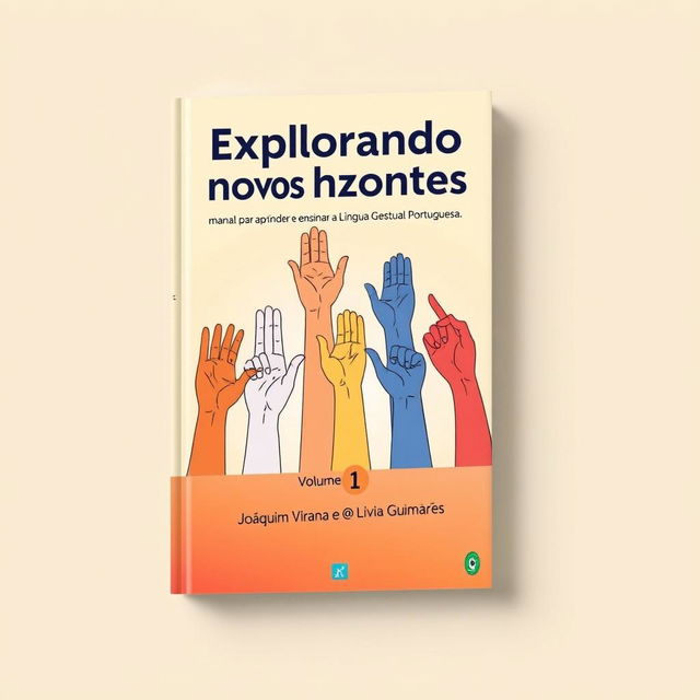 A captivating book cover design for "Explorando novos horizontes: manual para aprender e ensinar a Língua Gestual Portuguesa