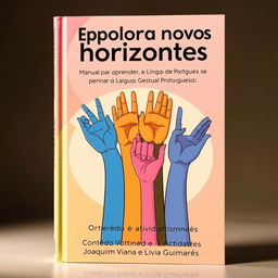 A captivating book cover design for "Explorando novos horizontes: manual para aprender e ensinar a Língua Gestual Portuguesa