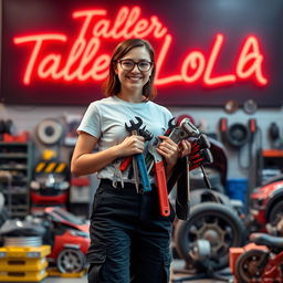 Lola, a 30-year-old mechanic, wearing black cargo pants and a short-sleeve white t-shirt