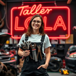 Lola, a 30-year-old mechanic, wearing black cargo pants and a short-sleeve white t-shirt