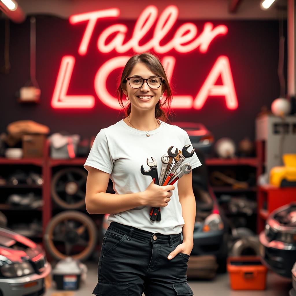 Lola, a 30-year-old mechanic, wearing black cargo pants and a short-sleeve white t-shirt