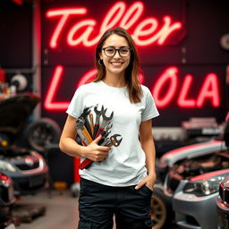 Lola, a 30-year-old mechanic, wearing black cargo pants and a short-sleeve white t-shirt