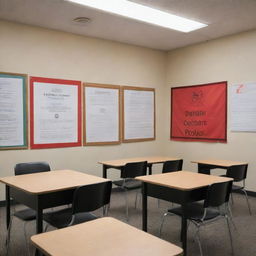 Visualize a classroom scenario where debates between students and teachers are strictly prohibited, signified by 'No Debate' signs placed visibly around the room.