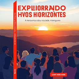 A visually engaging book cover for a Portuguese Sign Language book titled 'Explorando Novos Horizontes'