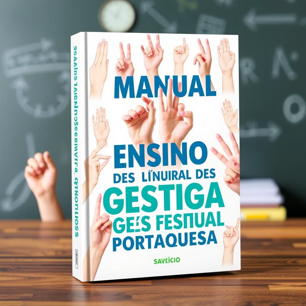 A captivating book cover for a guide on teaching Portuguese Sign Language, titled 'Manual de Ensino de Língua Gestual Portuguesa'