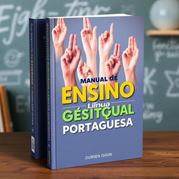 A captivating book cover for a guide on teaching Portuguese Sign Language, titled 'Manual de Ensino de Língua Gestual Portuguesa'