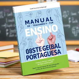 A captivating book cover for a guide on teaching Portuguese Sign Language, titled 'Manual de Ensino de Língua Gestual Portuguesa'