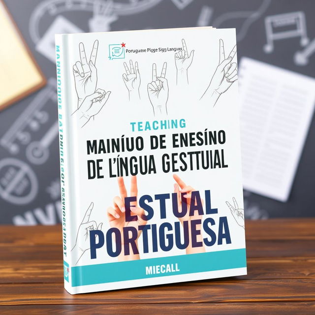 A captivating book cover for a guide on teaching Portuguese Sign Language, titled 'Manual de Ensino de Língua Gestual Portuguesa'