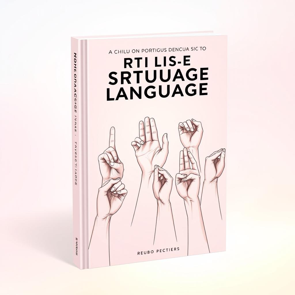 A striking book cover design for a manual on teaching Portuguese Sign Language, featuring intricate illustrations of hands making various sign language gestures