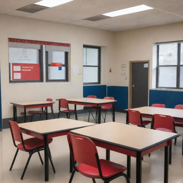 Visualize a classroom scenario where debates between students and teachers are strictly prohibited, signified by 'No Debate' signs placed visibly around the room.