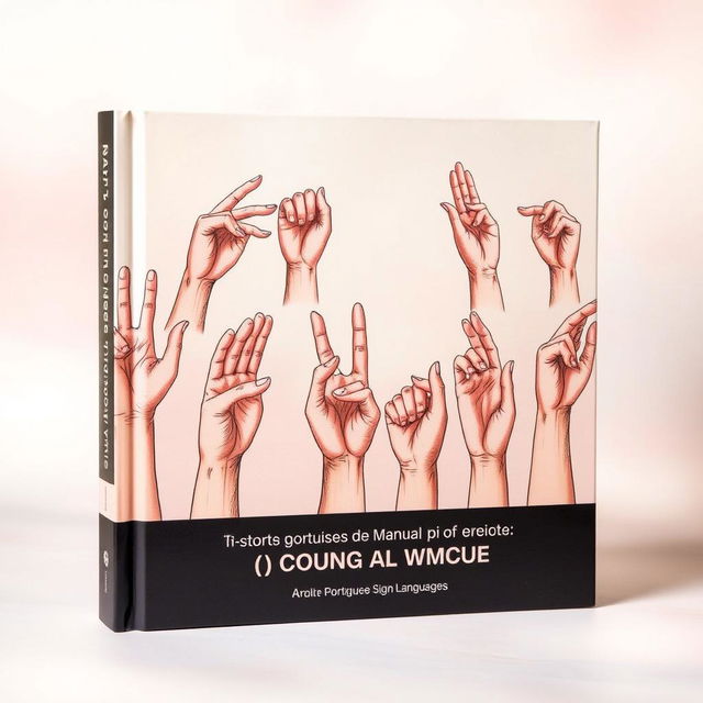 A striking book cover design for a manual on teaching Portuguese Sign Language, featuring intricate illustrations of hands making various sign language gestures