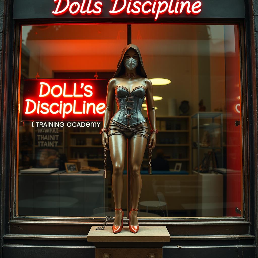 A captivating scene depicting a unique storefront in an urban setting, featuring a neon sign that reads "Dolls Discipline - Training Academy"