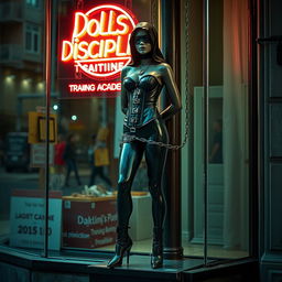 A captivating scene depicting a unique storefront in an urban setting, featuring a neon sign that reads "Dolls Discipline - Training Academy"