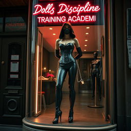 A captivating scene depicting a unique storefront in an urban setting, featuring a neon sign that reads "Dolls Discipline - Training Academy"