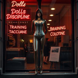 A captivating scene depicting a unique storefront in an urban setting, featuring a neon sign that reads "Dolls Discipline - Training Academy"