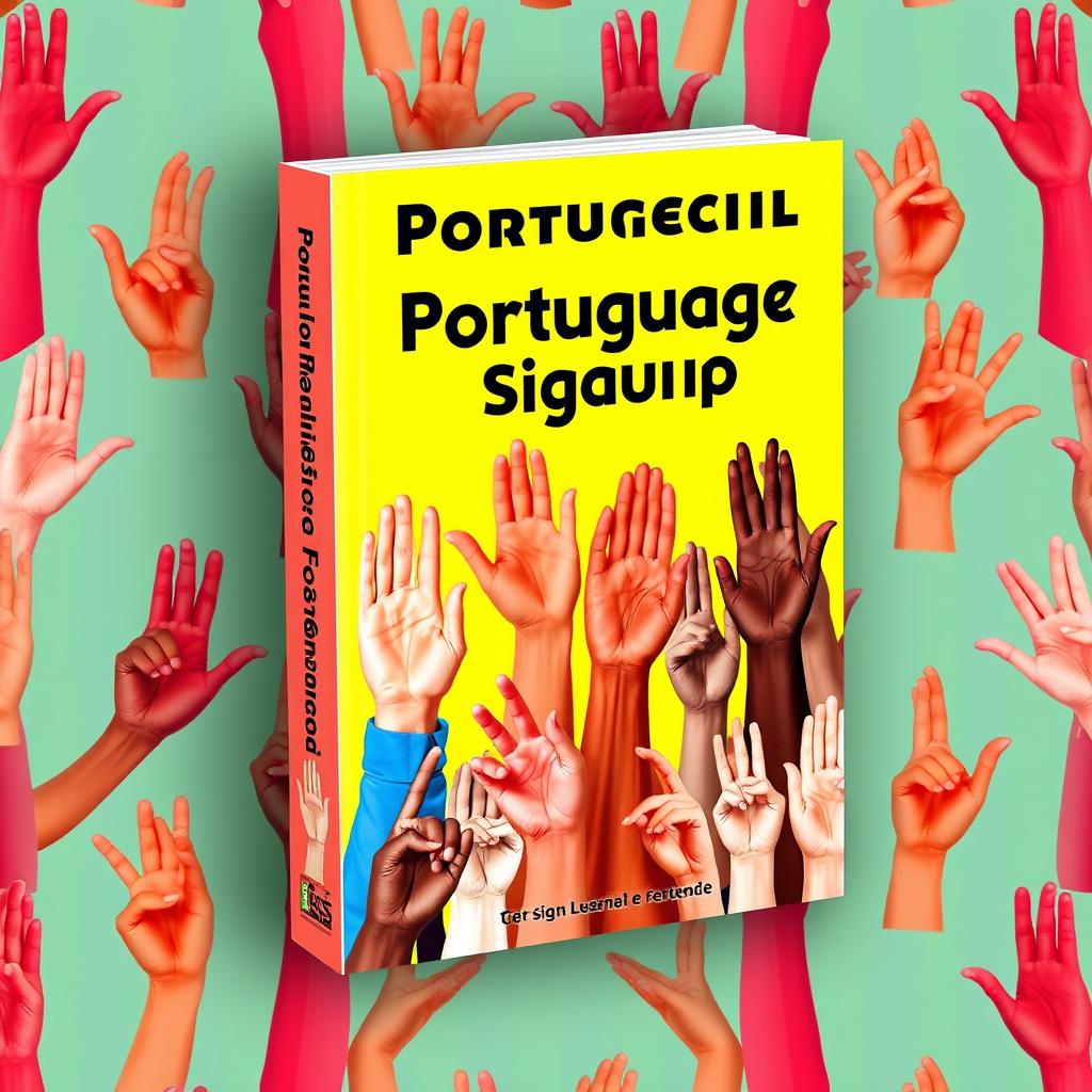 A colorful and dynamic book cover design for a Portuguese Sign Language manual, featuring a vibrant collage of hands expressing various sign language gestures