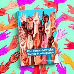 A colorful and dynamic book cover design for a Portuguese Sign Language manual, featuring a vibrant collage of hands expressing various sign language gestures