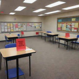 Visualize a classroom scenario where debates between students and teachers are strictly prohibited, signified by 'No Debate' signs placed visibly around the room.