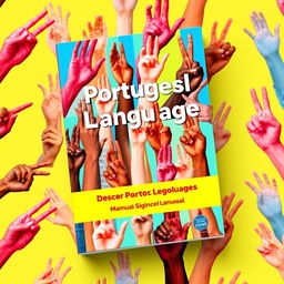 A colorful and dynamic book cover design for a Portuguese Sign Language manual, featuring a vibrant collage of hands expressing various sign language gestures