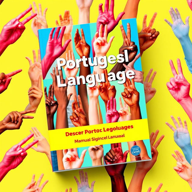 A colorful and dynamic book cover design for a Portuguese Sign Language manual, featuring a vibrant collage of hands expressing various sign language gestures