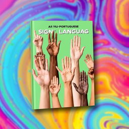 A colorful and dynamic book cover design for a Portuguese Sign Language manual, featuring a vibrant collage of hands expressing various sign language gestures