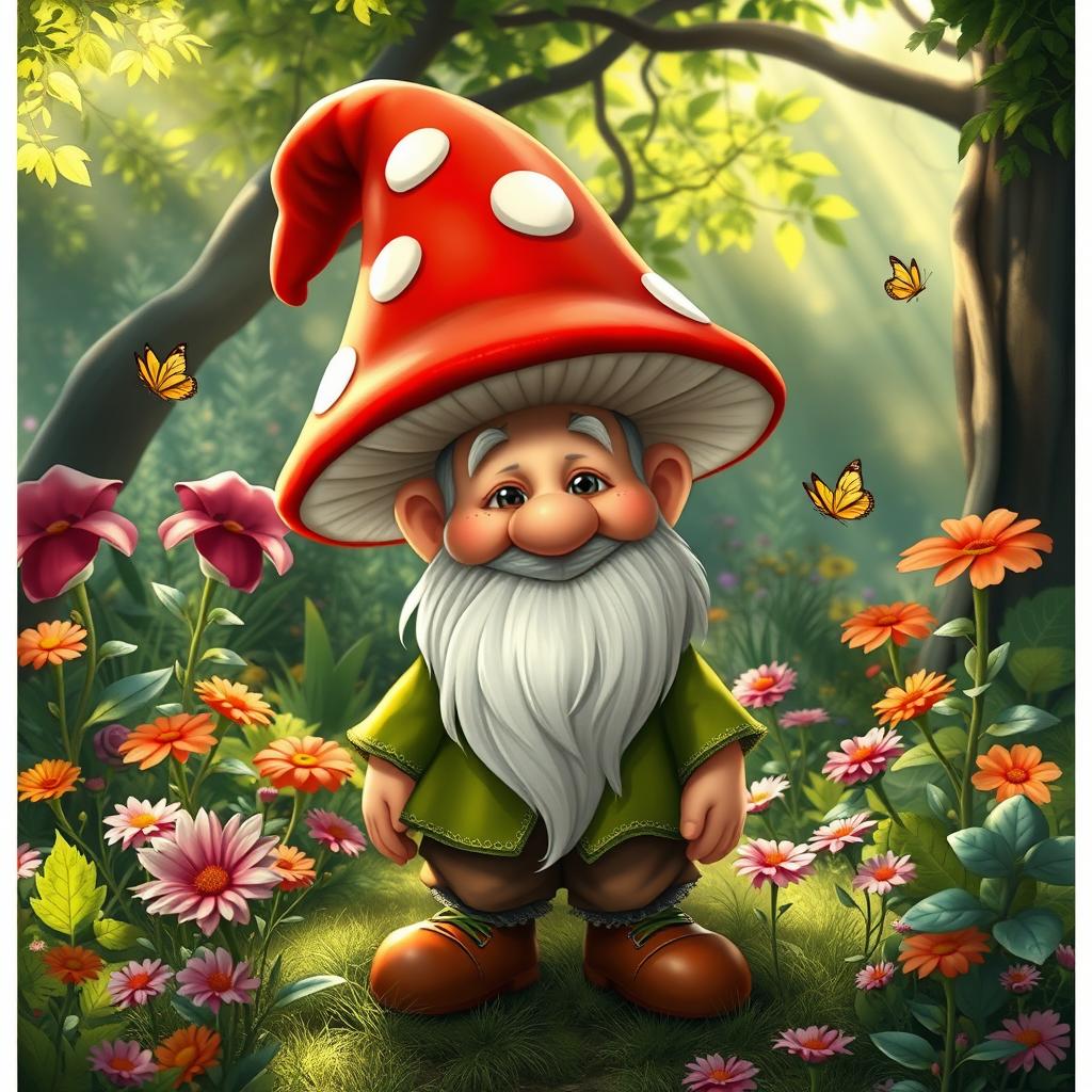 A whimsical gnome character with a large, bright red mushroom hat, adorned with white spots