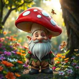 A whimsical gnome character with a large, bright red mushroom hat, adorned with white spots