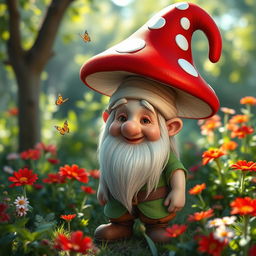 A whimsical gnome character with a large, bright red mushroom hat, adorned with white spots