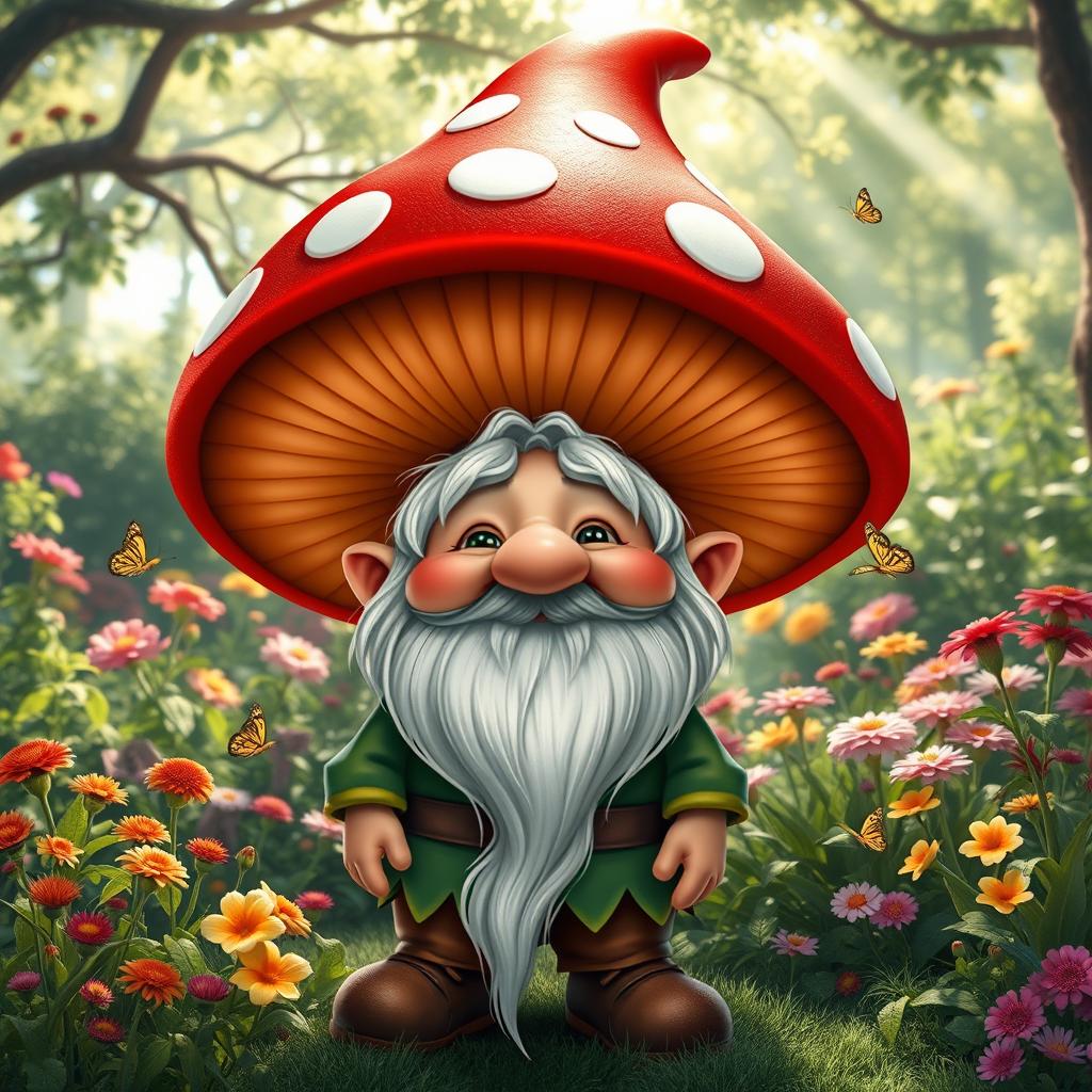 A whimsical gnome character with a large, bright red mushroom hat, adorned with white spots