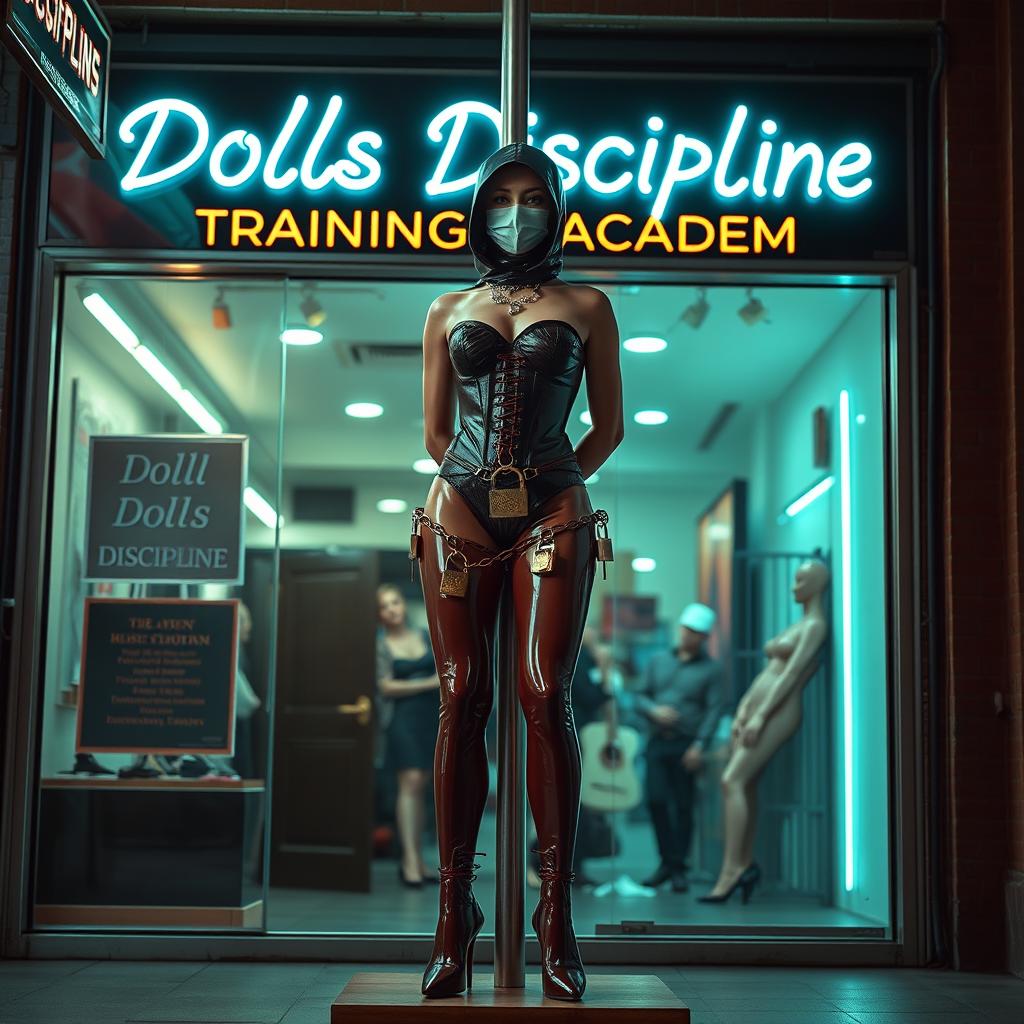 An intriguing and visually striking scene capturing a unique storefront named 'Dolls Discipline - Training Academy'