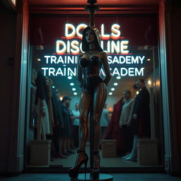 An intriguing and visually striking scene capturing a unique storefront named 'Dolls Discipline - Training Academy'