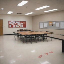 Visualize a classroom scenario where debates between students and teachers are strictly prohibited, signified by 'No Debate' signs placed visibly around the room.