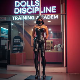 An intriguing and visually striking scene capturing a unique storefront named 'Dolls Discipline - Training Academy'