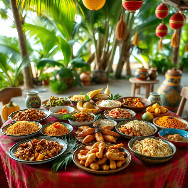 A beautifully arranged table showcasing a spread of traditional Mozambican cuisine, including dishes like matapa (cassava leaves cooked with peanuts), peri-peri chicken, seafood piri-piri, seafood rice, and xima (cornmeal porridge)