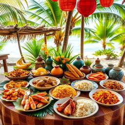 A beautifully arranged table showcasing a spread of traditional Mozambican cuisine, including dishes like matapa (cassava leaves cooked with peanuts), peri-peri chicken, seafood piri-piri, seafood rice, and xima (cornmeal porridge)