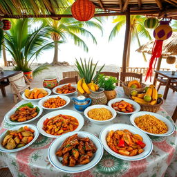 A beautifully arranged table showcasing a spread of traditional Mozambican cuisine, including dishes like matapa (cassava leaves cooked with peanuts), peri-peri chicken, seafood piri-piri, seafood rice, and xima (cornmeal porridge)