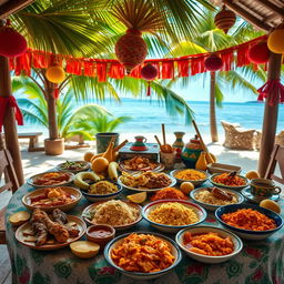 A beautifully arranged table showcasing a spread of traditional Mozambican cuisine, including dishes like matapa (cassava leaves cooked with peanuts), peri-peri chicken, seafood piri-piri, seafood rice, and xima (cornmeal porridge)