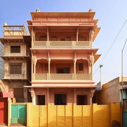 West-facing Indian-style building front elevation design, 22 feet wide and 40 feet tall, having a staircase on the right side.