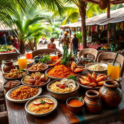 An inviting display of traditional Mozambican cuisine featuring iconic dishes such as matapa (cassava leaves with peanuts), peri-peri chicken, prawns in spicy sauce, xima (cornmeal porridge), and piri-piri fish, beautifully arranged on a rustic wooden table