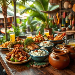 An inviting display of traditional Mozambican cuisine featuring iconic dishes such as matapa (cassava leaves with peanuts), peri-peri chicken, prawns in spicy sauce, xima (cornmeal porridge), and piri-piri fish, beautifully arranged on a rustic wooden table