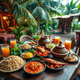 An inviting display of traditional Mozambican cuisine featuring iconic dishes such as matapa (cassava leaves with peanuts), peri-peri chicken, prawns in spicy sauce, xima (cornmeal porridge), and piri-piri fish, beautifully arranged on a rustic wooden table