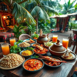 An inviting display of traditional Mozambican cuisine featuring iconic dishes such as matapa (cassava leaves with peanuts), peri-peri chicken, prawns in spicy sauce, xima (cornmeal porridge), and piri-piri fish, beautifully arranged on a rustic wooden table